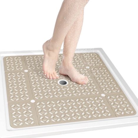 Tapis de douche carré 68,5 x 68,5 cm, en TPE antidérapant avec ventouses et trous d'évacuation, séchage rapide, marron (1/5)