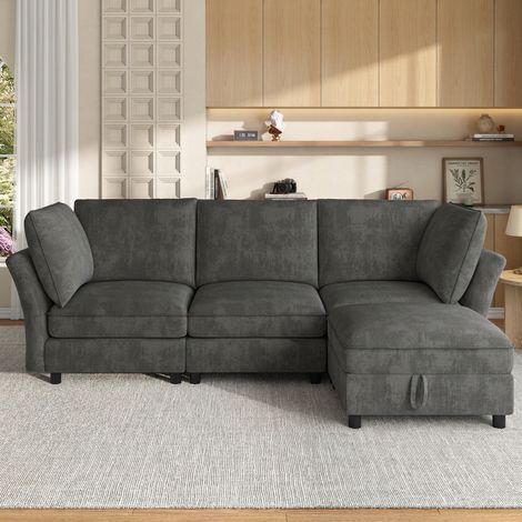 Canapé d'angle modulable 4 places en tissu chenille gris avec pouf coffre de rangement, canapé en L pour salon (1/5)