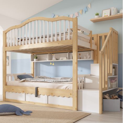 Etagenbett 252x98x170 cm Weiß & Eiche aus Holz mit Hängekörben, Stauraum und Sicherheitsgeländer (1/5)