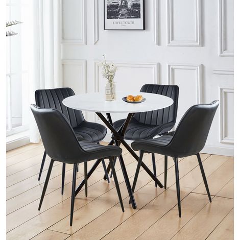 Hallowood Furniture Cullompton Dining Table and Chairs Set 4, Round White Marble Effect Space Saving Table and Chairs with Black Bonded Leather Upholstery, Home and Cafe Dining Room Sets (1/5)