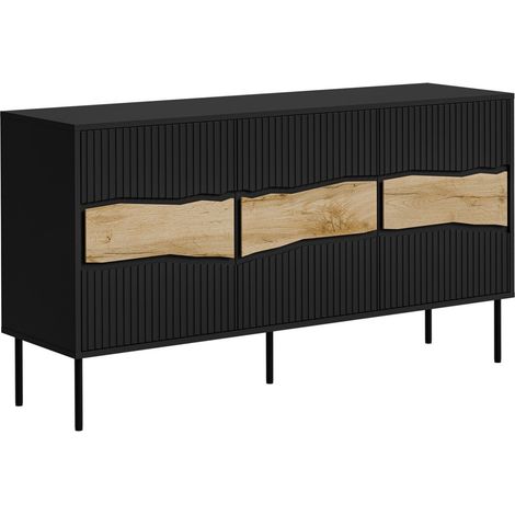 Buffet Monevare 100, Noir + Chêne wotan, 80x144cm, Le nombre de portes: 040cm, Stratifié, MDF, LED: Disponible