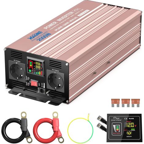 Convertisseur 12V 220V Pur Sinus, 2000W Onduleur Voiture avec Ventilateur, Écran LCD et Télécommande, Convertisseur de Tension avec 2 Prises EU, 1 Sortie USB-A, pour Voiture Camping Caravane (1/5)