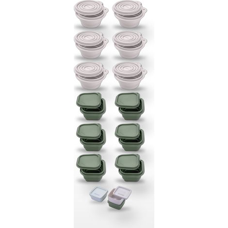 12 Boites à Snacks Pliables en Silicone Blanc et Vert et 3 boîtes à sauce Fackelmann Storage (1/5)