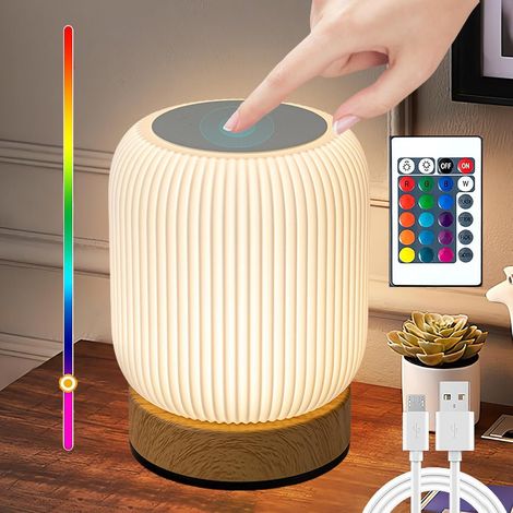 LED-Tischlampe RGB wiederaufladbar, USB-C, kabellose Kinder-Nachtlampe, Fernbedienung, 13 Farben, Timer, Holz-Design für Schlafzimmer und Wohnzimmer (1/5)