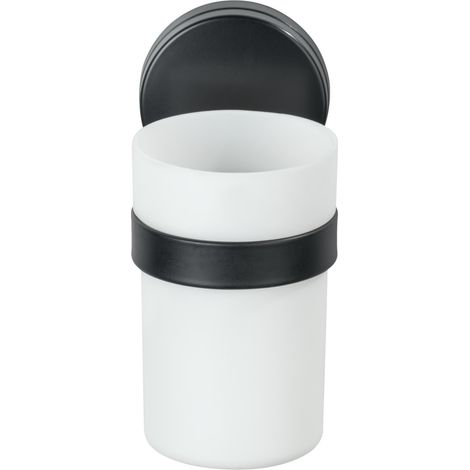 WENKO Static-Loc® Plus Bicchiere per spazzolini Pavia Nero, porta spazzolini per spazzolino e dentifricio, installazione senza foratura, nero, acciaio nero, polipropilene bianco, plastica (ABS) nera. (1/5)