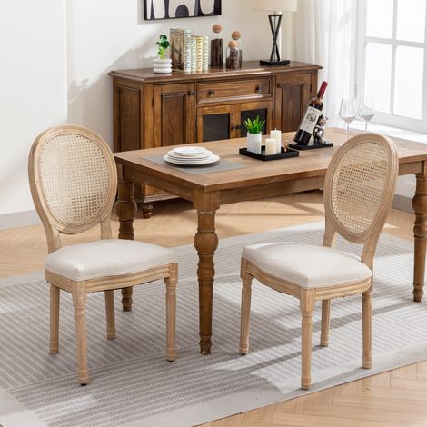 Set di 2 sedie da pranzo - stile francese - struttura in legno massello, cuscino in lino e schienale in rattan - beige