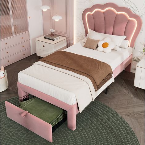 Bett 90x200 mit Stauraum LED Samt Rosa OKMYHOME (1/5)
