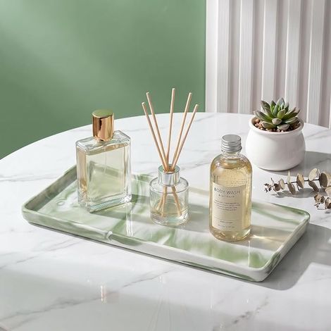 Plateau de table en céramique Marble Vert 20,5 x 9,5 x 1,2 cm Plat pour parfums et bijouterie Plan de travail rectangulaire pour salle de bains, table de dressing et cuisine (1/4)