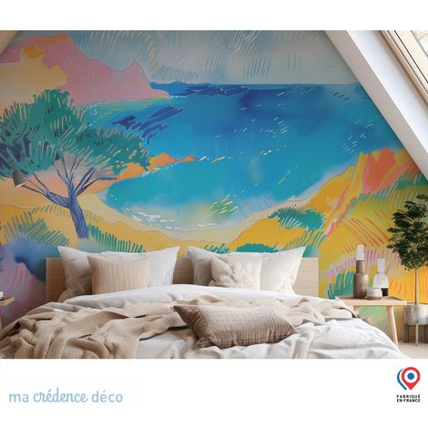 Papier peint : Petit arbre et mer, Aquarelle - Intissé - L.200 x H.280 cm - Bleu clair (1/5)
