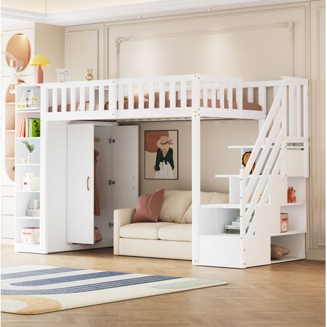 Lit mezzanine en bois blanc 90x200 cm avec armoire, étagères, rangements et sommier à lattes inclus (1/5)