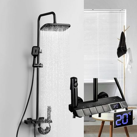 Colonne de Douche Noire avec Tête Carrée 30x19cm Ensemble de Douche 4 Modes et Hauteur Réglable 86-120cm Douchette avec Mitigeur LED Affichage Numérique Pommeau de Douche Salle de Bain