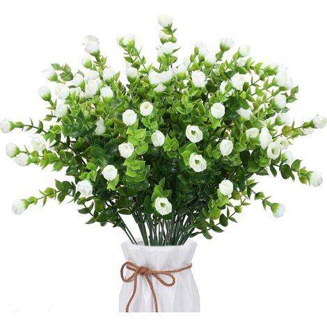 8pcs Fleurs Artificielles Extérieures Résistantes Aux UV 35cm Feuilles D'eucalyptus Artificielles avec Fleurs Plastique Blanc Arbuste pour Noël Vase Intérieur Jardinière Clôture Table Mariage (1/5)