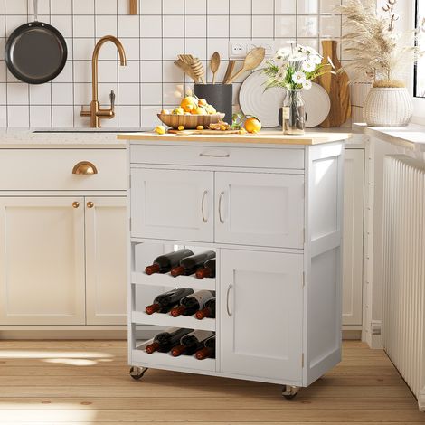 Chariot de cuisine 9 porte-bouteilles - 67×37×87 cm - plateau antidérapant - meuble salon - placard et tiroir - blanc et finition chêne