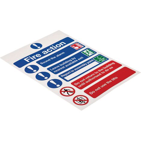 Panneau de sécurité incendie Auto-Adhésif, Fire Action Instructions, texte en Anglais, Blanc, Vinyle ( Prix pour 1 )