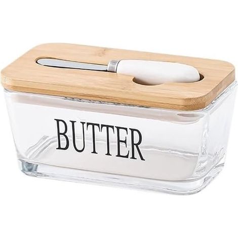 Pot à beurre - Beurrier avec couvercle - Conservation hermétique - Beurre et fromage - Pot de cuisine - Tartineuse à beurre - Verre - Jaune (1/5)