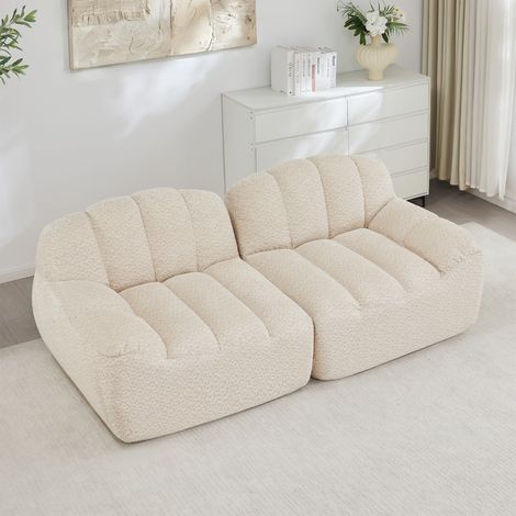 Divano modulare a 2 posti senza struttura rigida, a forma di conchiglia, con cuscini di seduta profondi, ideale per soggiorno e appartamento, non richiede montaggio, colore beige e bianco.