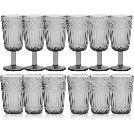 Set 12 Bicchieri e Calici Imperiale grigio Antico in Pasta di Vetro  con Lavorazione a Rilievo 30 cl Servizio Tavola Vintage Alta Resistenza per Acqua Vino e Cocktail ELEGANZA E PARTICOLARITA IN TAVOL