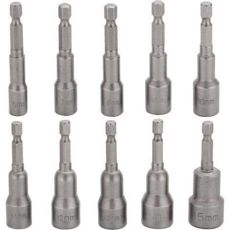 10 pcs douille visseuse à choc, hexagonale magnétique, 6-15 mm, 1/4 pouce, pour perceuse et tournevis électriques (1/4)
