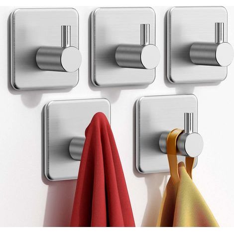 Ganchos adhesivos de pared de 5 piezas, toallero de baño, gancho impermeable de acero inoxidable para paños de cocina, gancho autoadhesivo inoxidable sin necesidad de taladrar, color plata. (1/5)