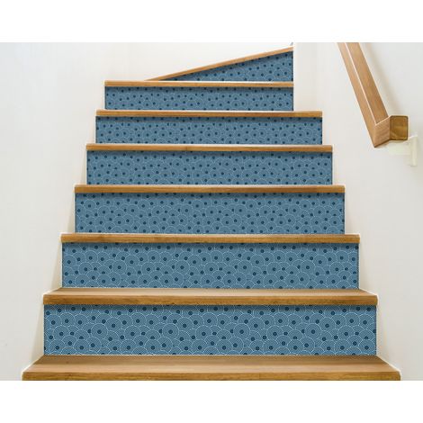 Sticker adhésif déco abstrait géométrique bleu 100 cm X 19,5 cm pour homestaging contremarche avec ronds - Décoration murale intérieure (1/3)