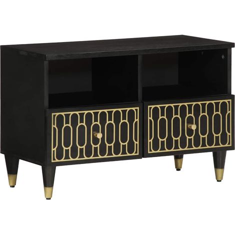 Meuble TV en bois de manguier massif avec rangement, motifs sculptés, finition noire 70 x 33 x 46 cm - PANGIVO (1/5)