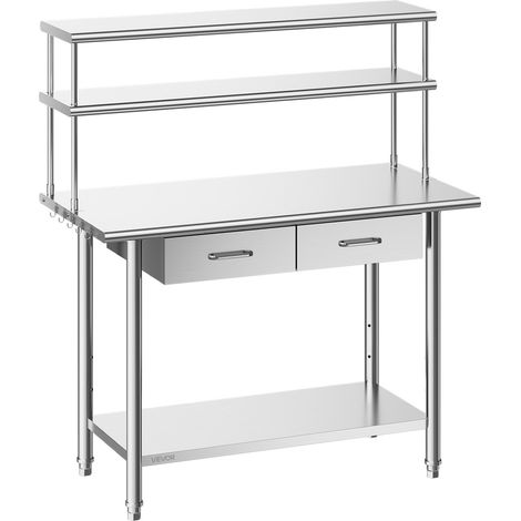 Table de Travail Cuisine Professionnelle, Poste de Travail en Inox 122x61 cm, pour Préparation Café Hôtel Restaurant Atelier, avec Étagère Supérieure 2 Tiroirs, Étagère Inférieure Réglable (1/5)
