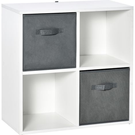 Libreria modulare a 4 cubi con 2 cassetti in tessuto non tessuto per ufficio, studio, camera da letto, 61,5x30x61,5 cm, bianca e grigia.