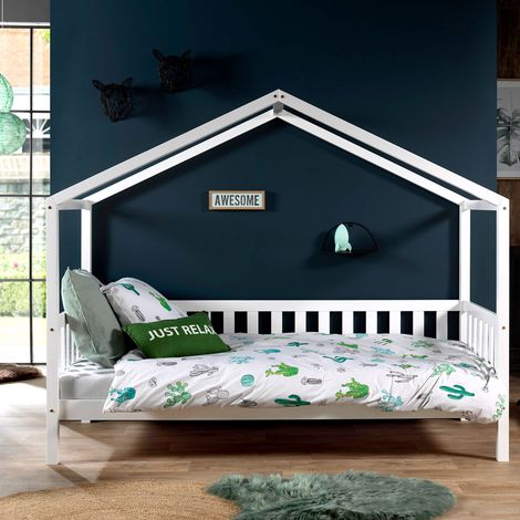 Lit cabane 90x200 avec matelas pin massif blanc Bali (1/3)
