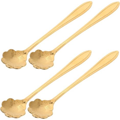 Ensemble de 4 cuillères à café dorées – Acier inoxydable, motif floral, légères et portables, idéales pour le café, les desserts et les cadeaux (1/5)