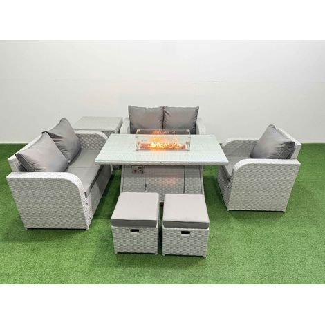 Fimous High Back Poly Rattan Garden Furniture Set with Reclining Chair Loveseat Sofa Firepit Dining Table Indoor Outdoor Patio  Set 2 Stool Side Table Light Grey (1/4)
