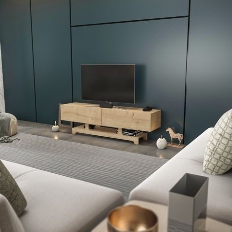 Decorotika Tera 120 Cm Modern Stylish Unique Meuble TV Meuble TV TV Cabinet With Open Shelf And 2 Cabinetssapphire Oak (1/3)