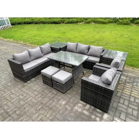 Fimous Wicker Rattan Outdoor Furniture Lounge Sofa Garden Dining Set with Dining Table 2 Side Tables 2 Stools 2 Armchairs 10 Seater Dark Grey Mixed (1/5)