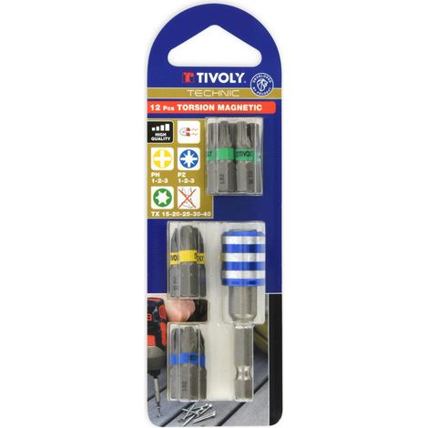Tivoly • Blister 12 pcs Lg 25 mm- 11 embouts de vissage Torsion magnétique + 1 porte embout quick change (1/2)