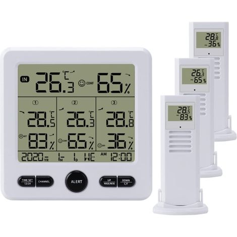 Funk-Wetterstation mit Außensensor, Digitalfunk, Thermometeranzeige, Hygrometer, 3 Innen- und Außensensoren
