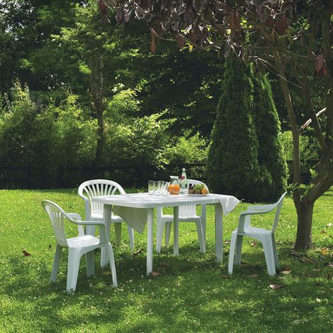 Salon de jardin en résine – Table ovale 137x85 cm et 4 fauteuils empilables – Résistant aux UV et intempéries – Coloris blanc – Imagin