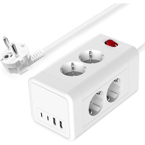 Multiprise 10 en 1 avec USB C, rallonge multiprise avec 4 USB, multiprise avec interrupteur, cube de prise pour montage mural, blanc (1/5)