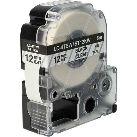 vhbw Label Tape compatible with KingJim SR530, SR550, SR3900C, SR530C, SR3900P, SR40 Label Printer 8m x 12 mm, Black on Transparent (1/4)