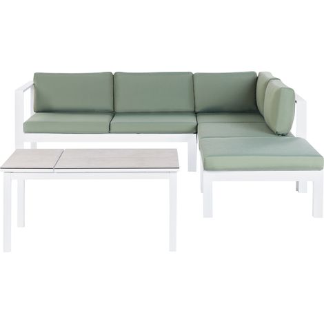 Conjunto de jardín 5 plazas sofá y mesa elevable estructura blanca tablero de vidrio y cojines verdes Messina