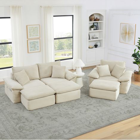 Canapé 2 plazas de tejido beige sin montaje con reposapiés móvil y bolsillos de almacenaje (1/5)