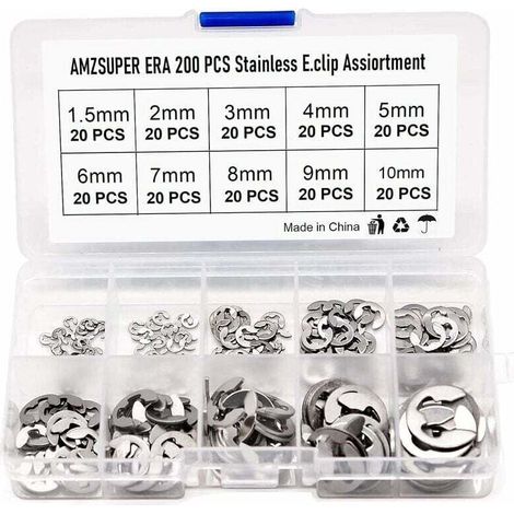 200Pcs E Clip Anneau 304 Inox Circlips Exterieur Assortiment De Circlips 1.5/2/3/4/5/6/7/8/9/10Mm Divers Usages (1/5)