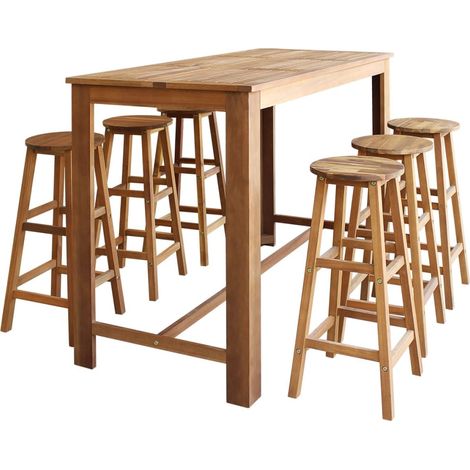 Bartisch und Hocker-Set 7-tlg. Akazienholz Massiv