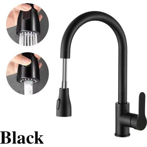 Robinet d'évier de cuisine (noir) en acier inoxydable avec douchette extractible, mitigeur à montage sur plage, robinets eau chaude/eau froide (1/5)