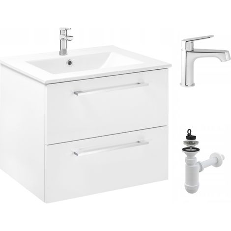 Waschtischunterschrank mit Waschbecken – 60 x 47 cm – Hochglanzweiß – Schubladen – Praktisches Set