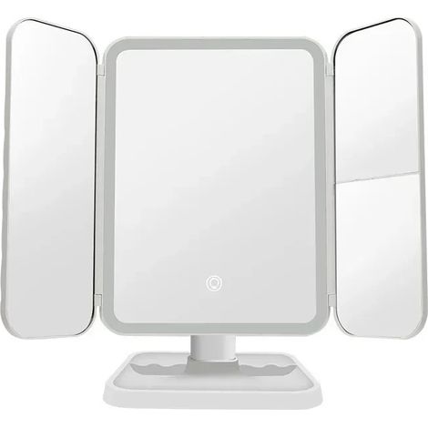 Miroir de maquillage à trois volets avec grossissements 1X 2X 3X, éclairage LED, écran tactile, miroir réglable de table, couleur blanche
