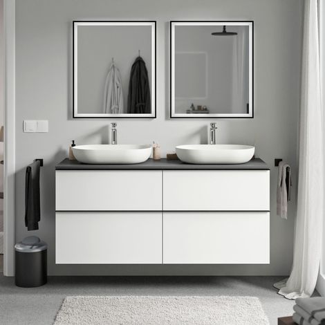 Waschtischunterschrank Bernstein LAVOA 120 cm für Aufsatzwaschbecken - Korpus Weiß matt, Metallgriff Schwarz matt, Waschtischplatte Anthrazit matt