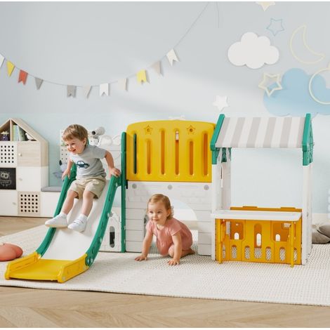 Toboggan enfant 7-en-1 d'intérieur avec cabane et panier, jaune DESVIAE (1/4)