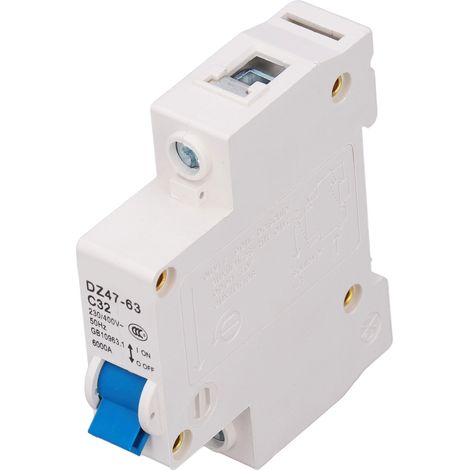 Disjoncteur monophasé (MCB) pour montage sur rail DIN, pouvoir de coupure de 6000 A, 230 V/400 V, 32 A, pour usage domestique ou bureau.