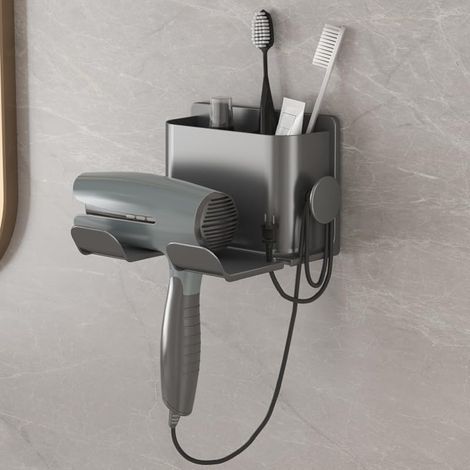 1 support de sèche-cheveux sans perçage pour économiser de l'espace – Montage mural facile, organiseur de salle de bain élégant – Gris (1/5)