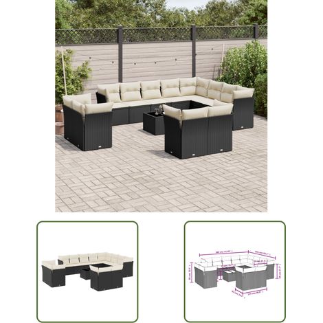 The Living Store 13-tlg. Garten-Sofagarnitur mit Kissen Schwarz Poly Rattan - Gartenmöbel Set - PE-Rattan Möbel - Outdoor Sofa - Esstisch - Lounge Garnitur (1/3)
