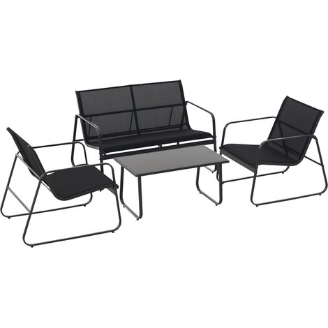 Ensemble de jardin 4 pièces comprenant un canapé d'extérieur 2 places, 2 fauteuils et une table basse en verre trempé, mobilier de terrasse en métal et textilène, noir. (1/5)